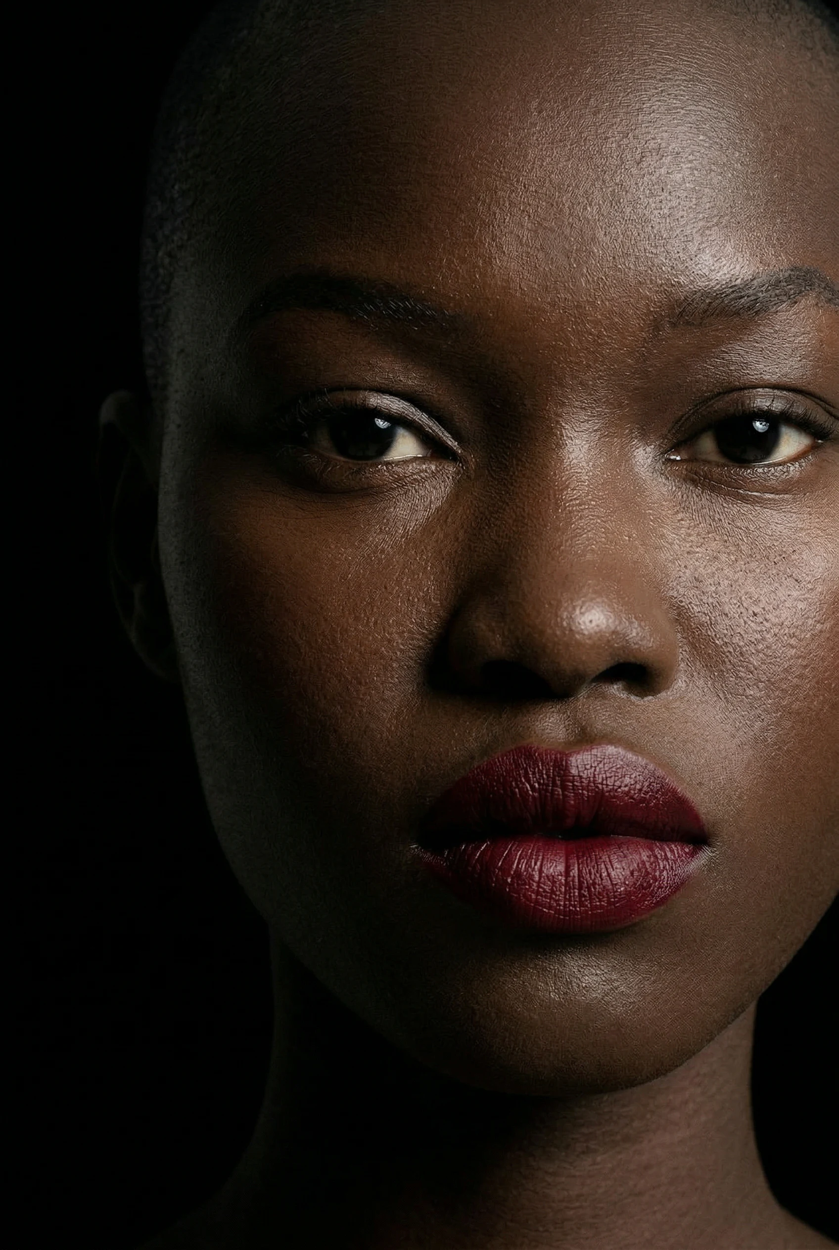Close beauty portrait with deep red lips on black