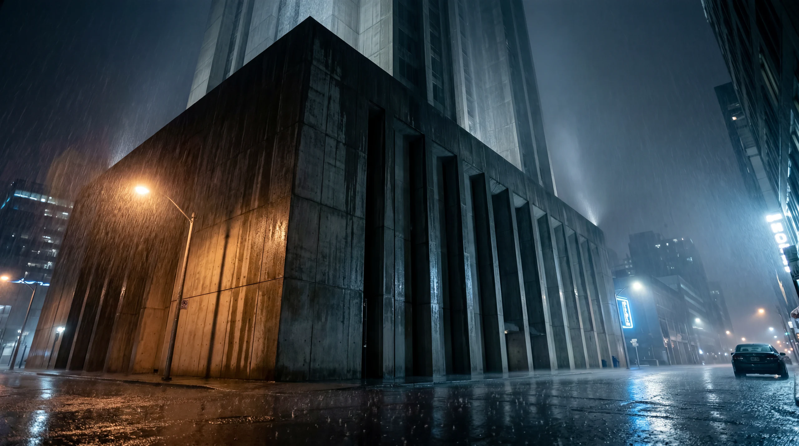 Brutalist concrete tower in heavy night rain