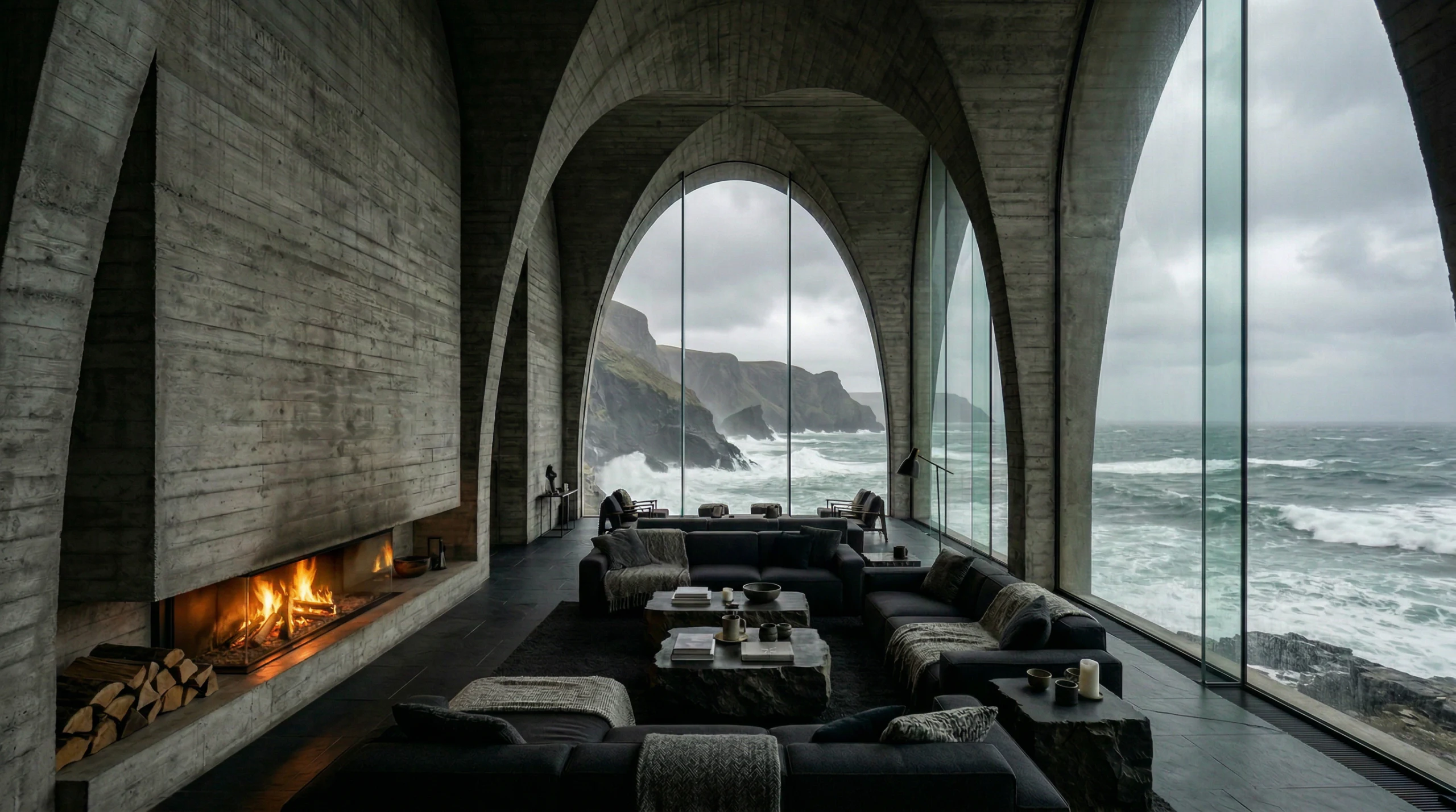 Vaulted concrete living room with a fireplace facing a stormy sea