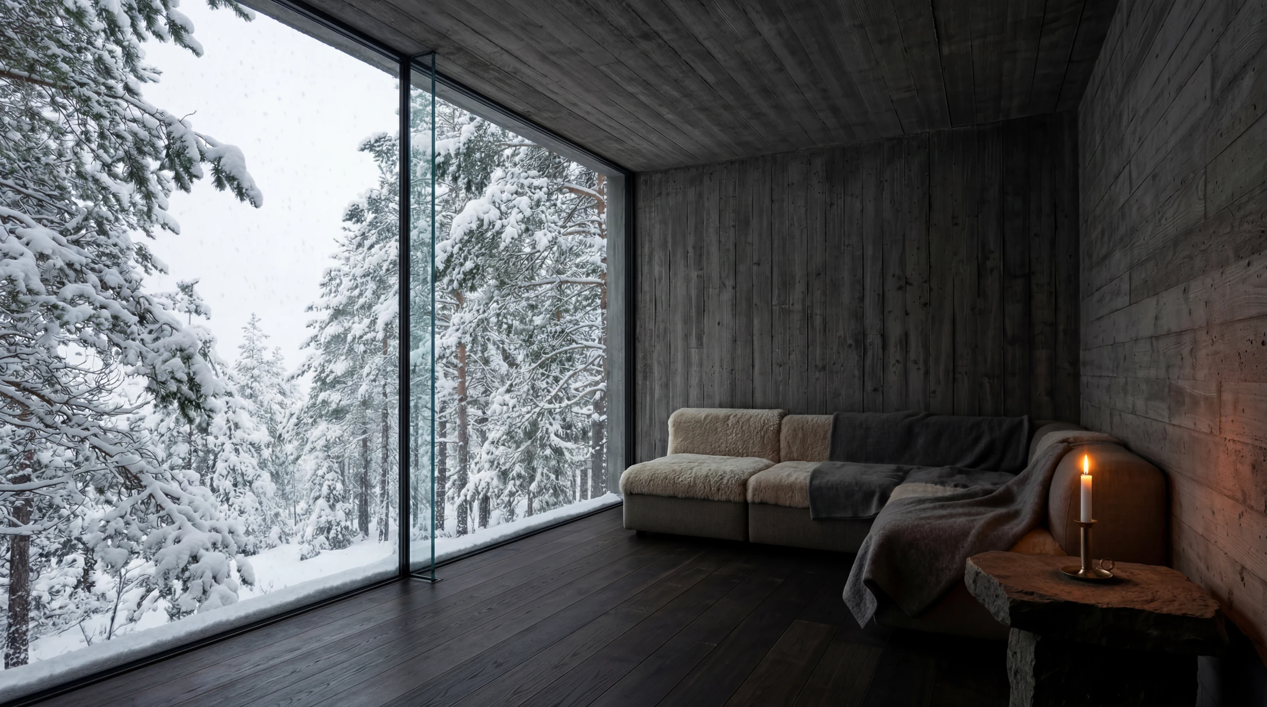 Concrete room with a sofa and candle facing a snowy forest