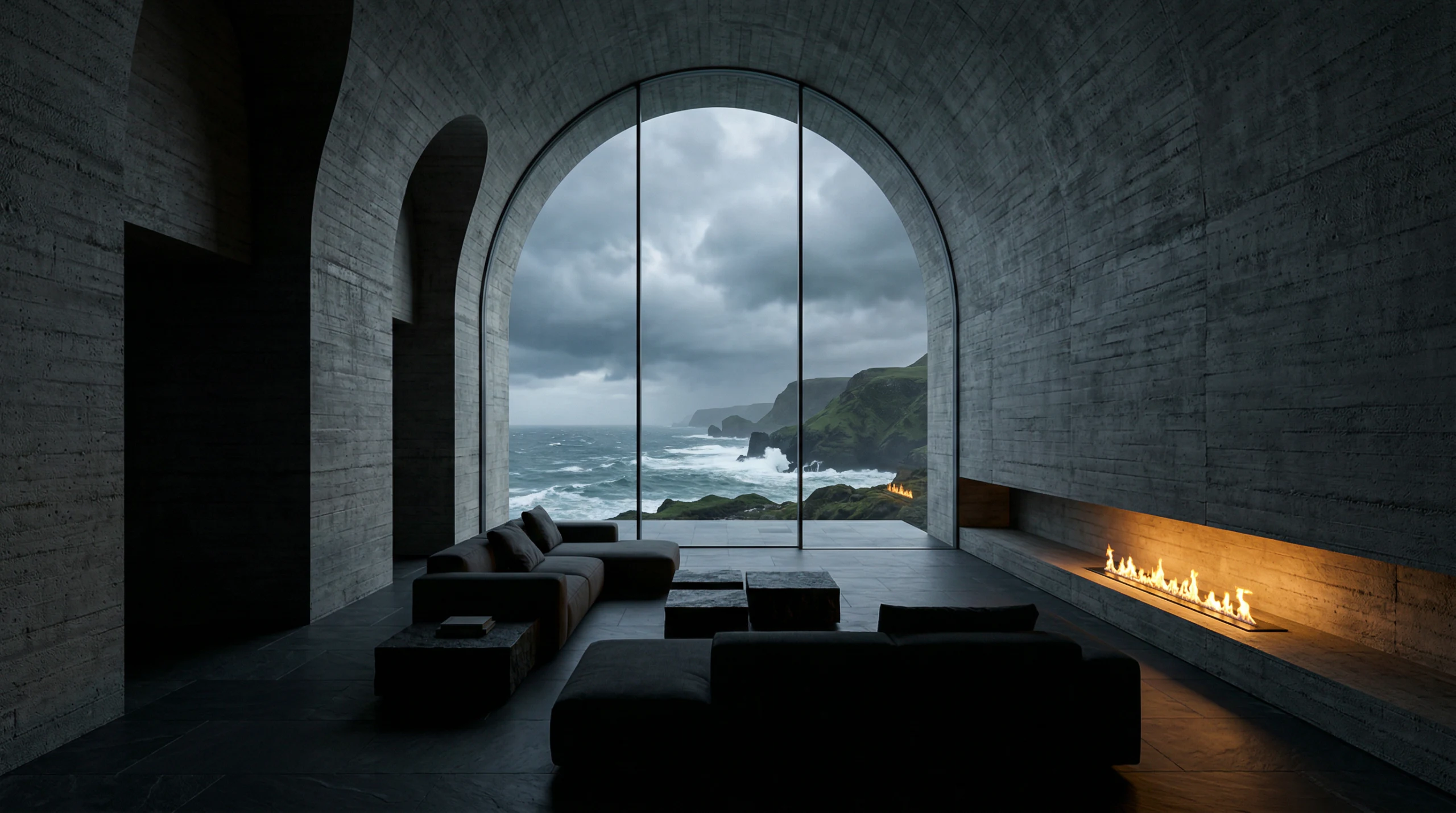 Arched concrete hall with a fire line and coastal cliffs beyond