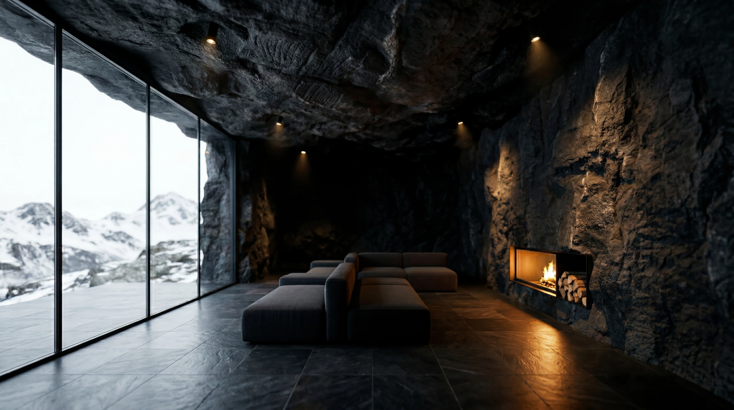 Cave-like stone interior with a fireplace and snowy mountain view