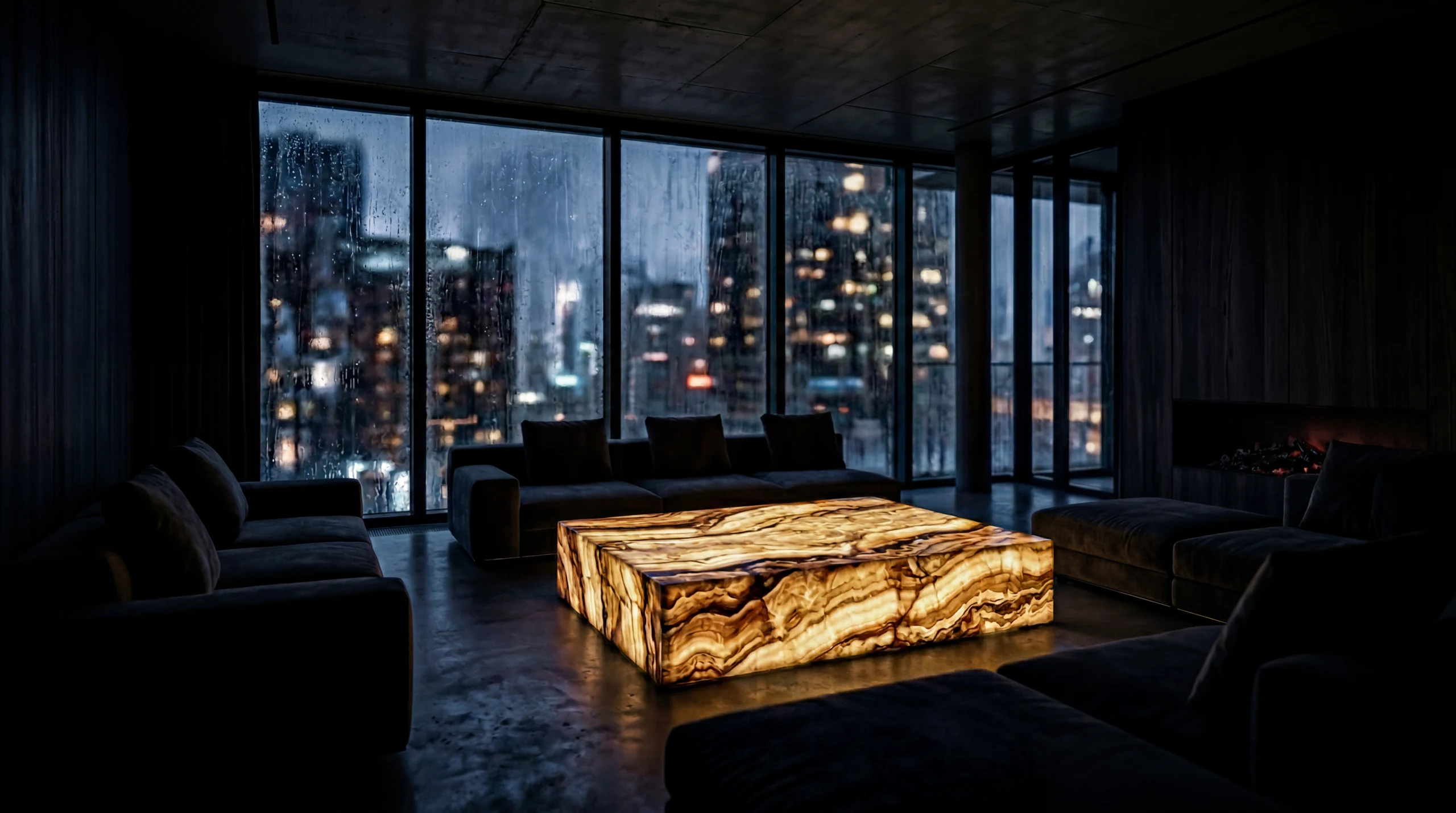 Glowing onyx table in a dark loft above a rainy city