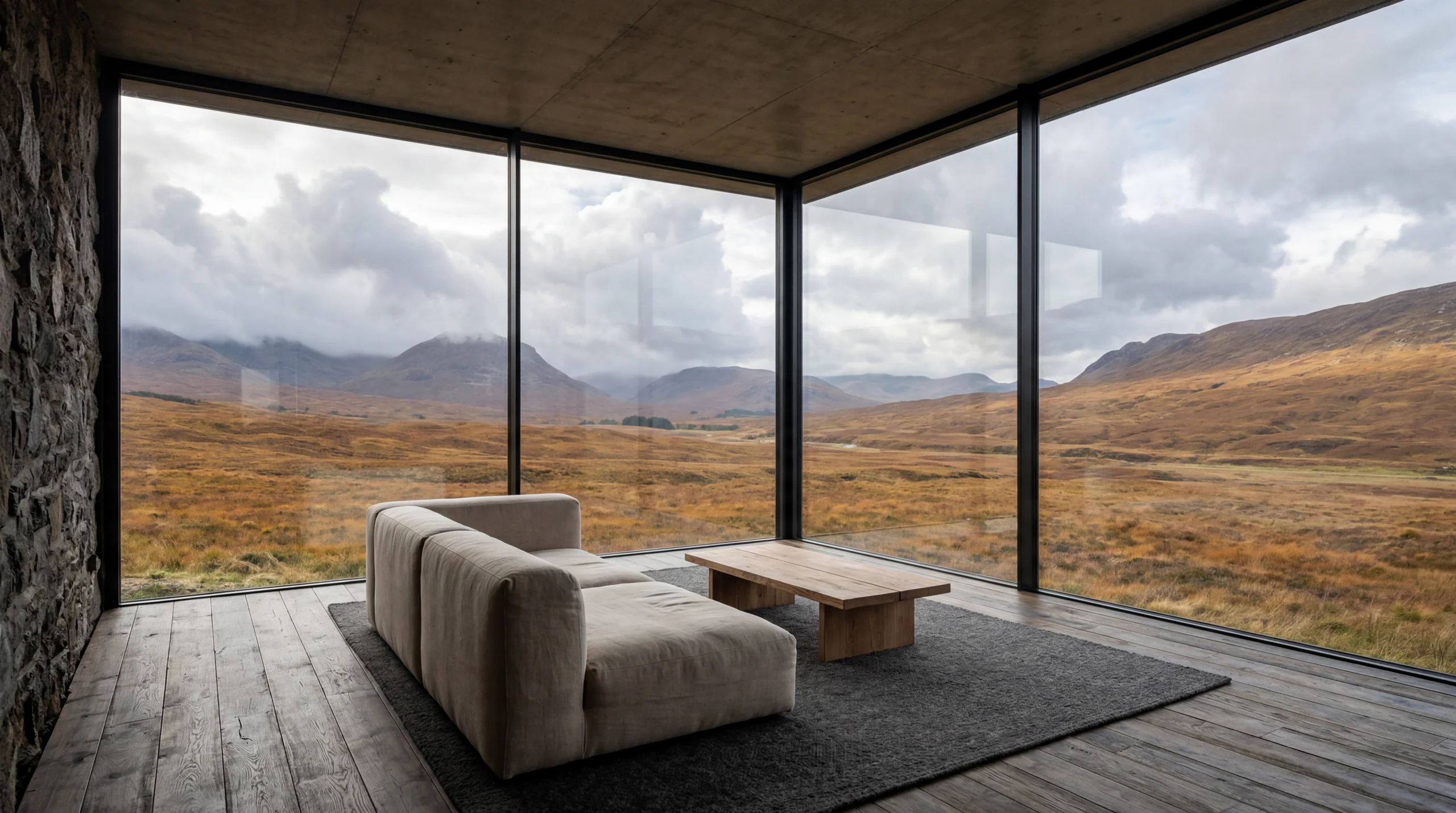 Glass corner room overlooking autumn moorland