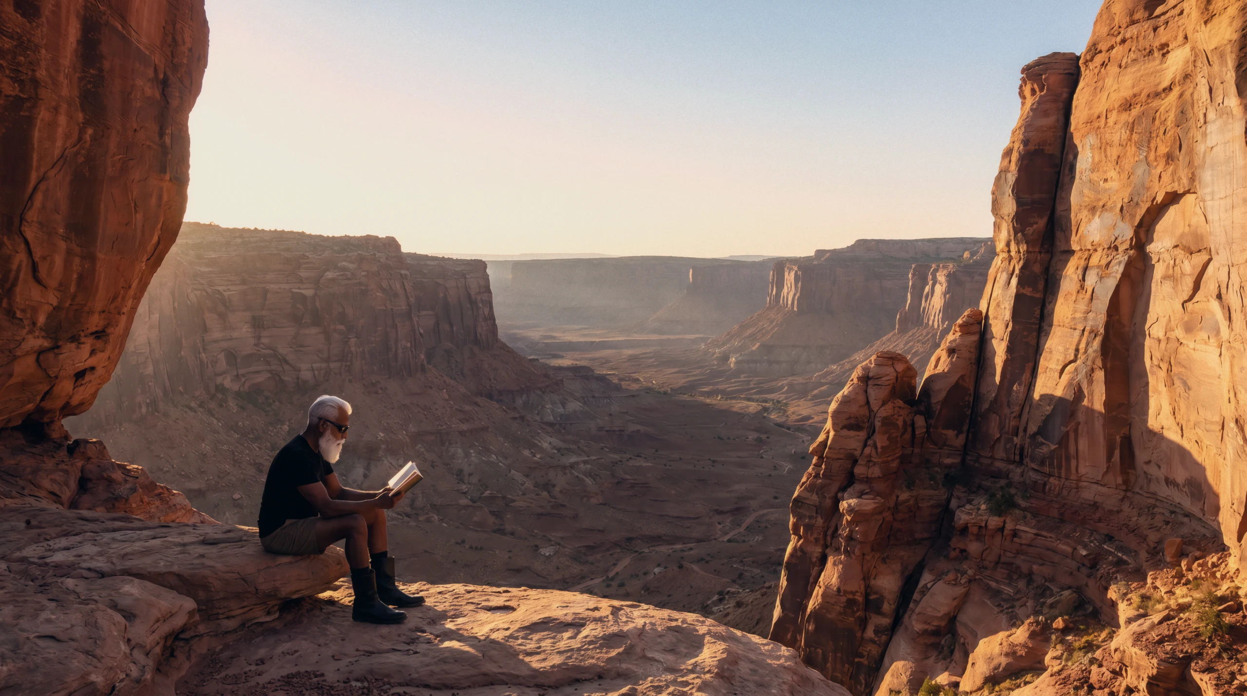 Reader on a canyon cliff edge at sunrise