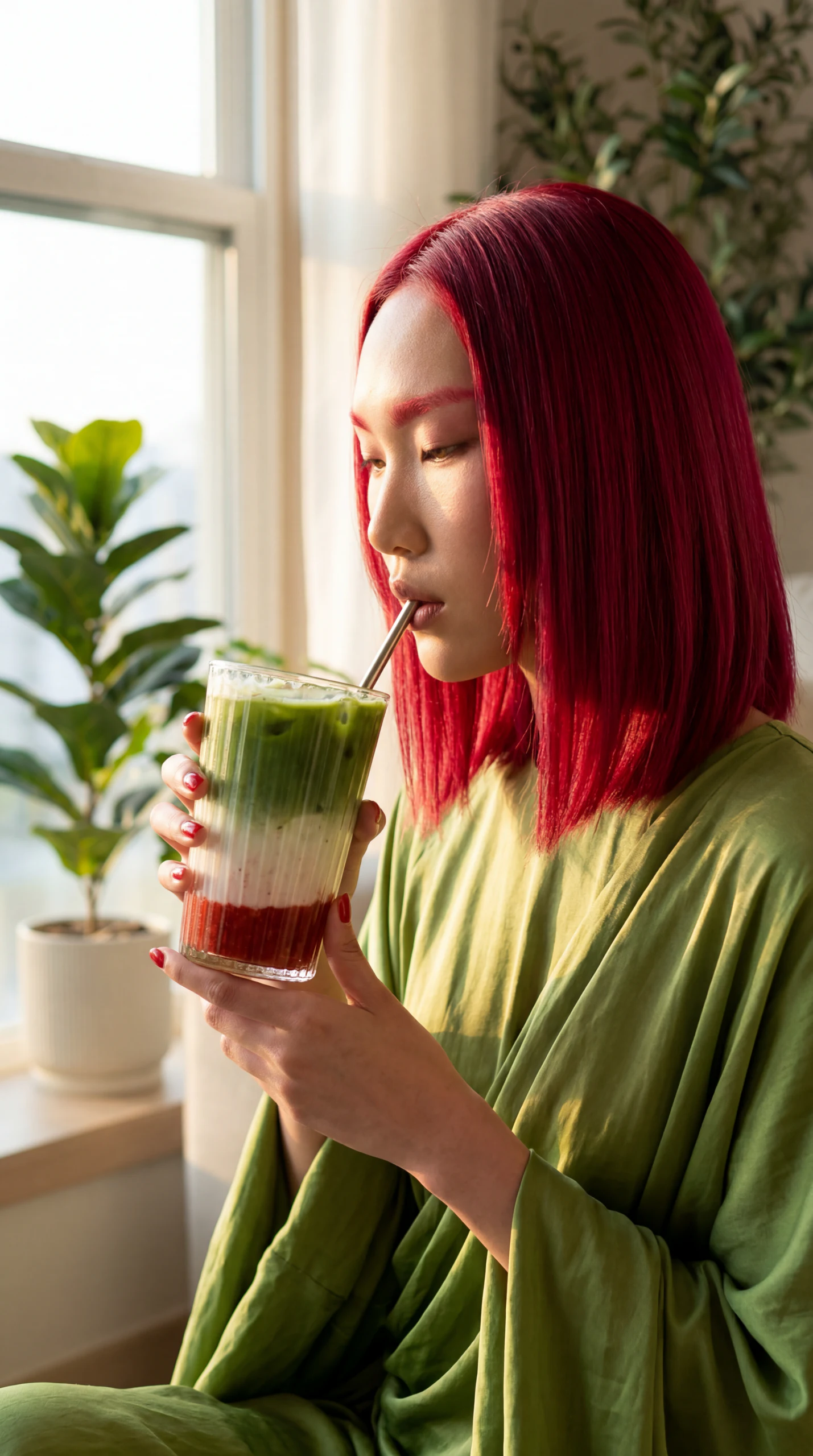 Red-haired woman sipping a layered matcha drink by a window