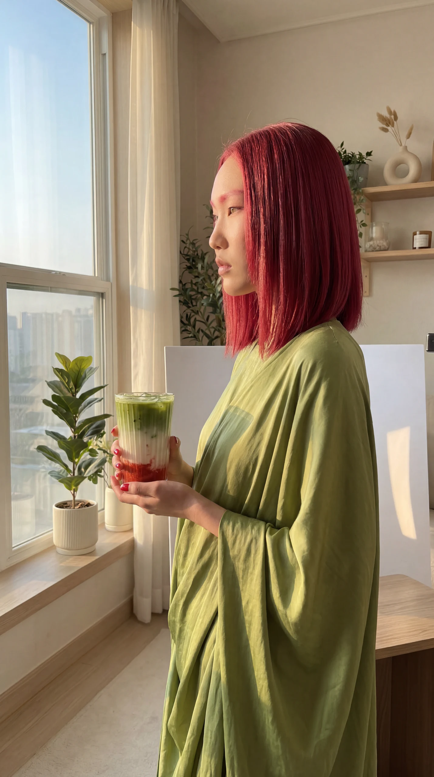 Woman in green holding an iced matcha at a city window