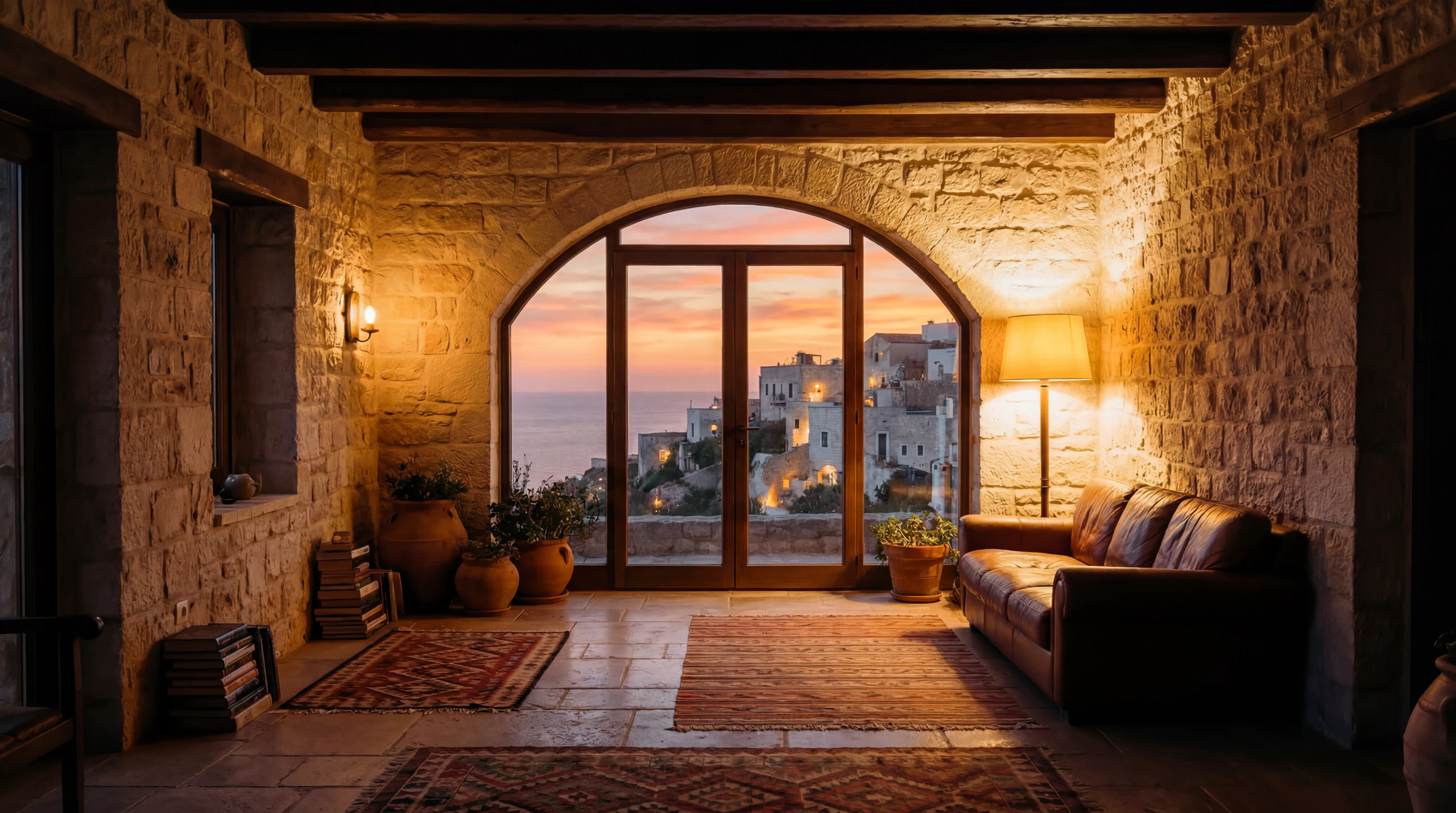 Stone interior with an arched sea view at sunset