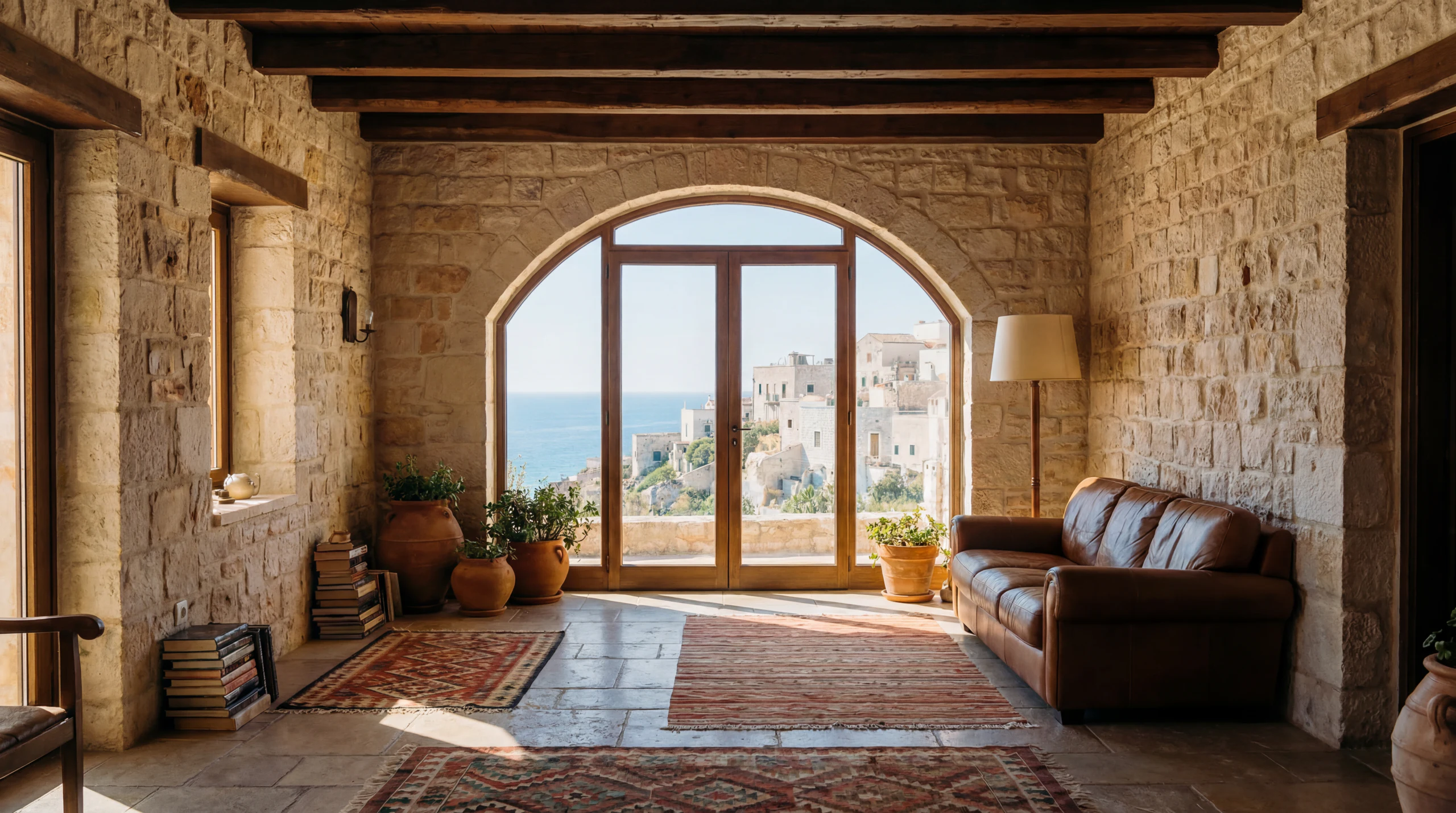 Stone interior with an arched sea view in daylight