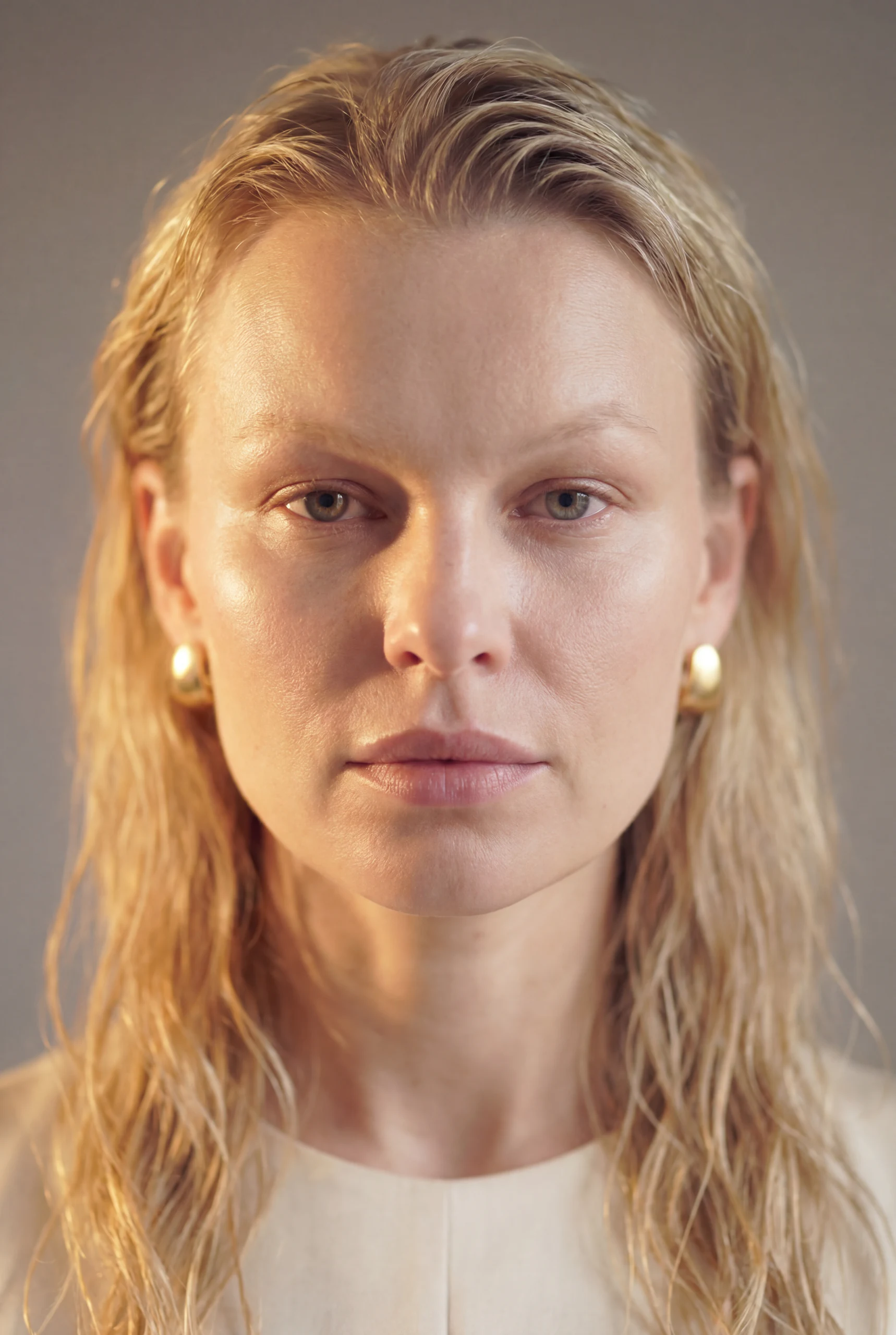 Frontal portrait with wet hair and gold earrings
