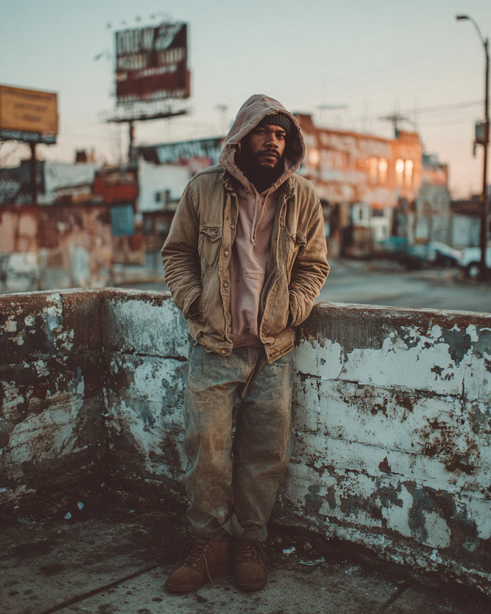 Streetwear portrait against a weathered rooftop wall