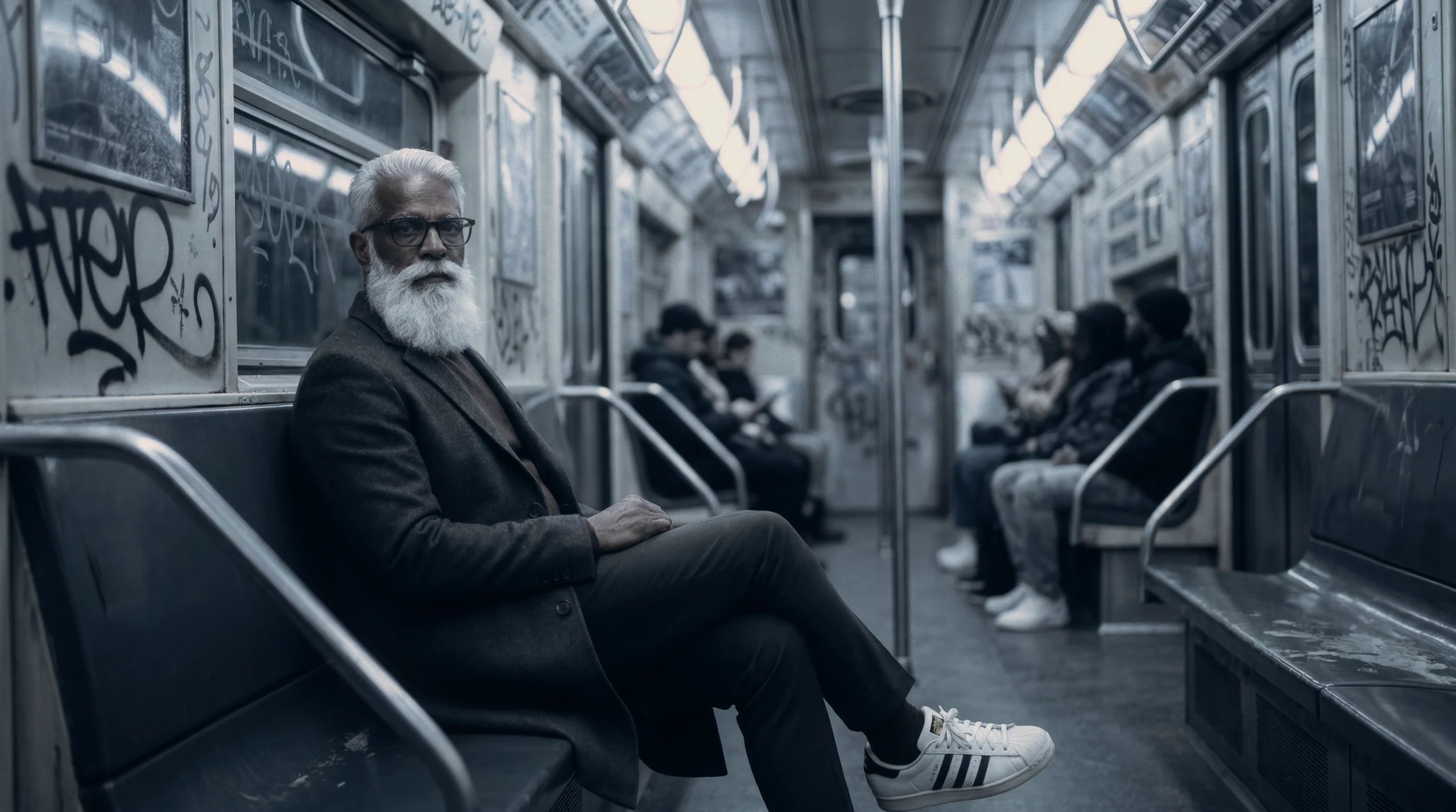 Man in Adidas Superstars seated in a graffiti-covered subway car